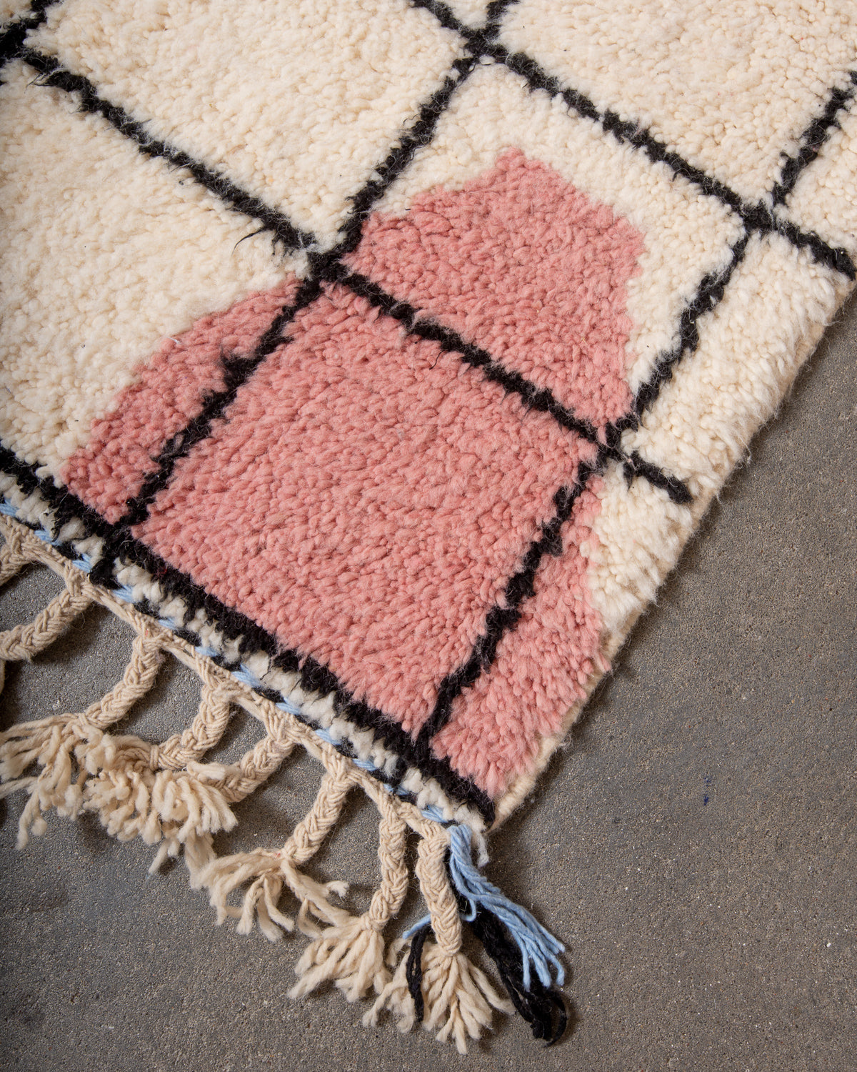 Modern, designer, handcrafted Berber rug from Morocco. Beniourain carpet with beautiful colours and patterns and fluffy wool texture.